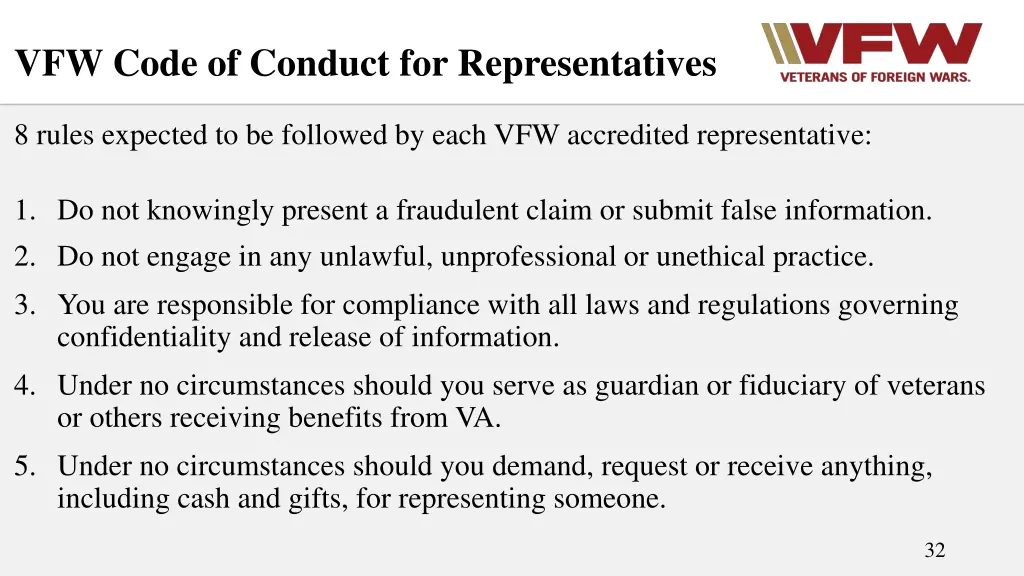 vfw code of conduct for representatives