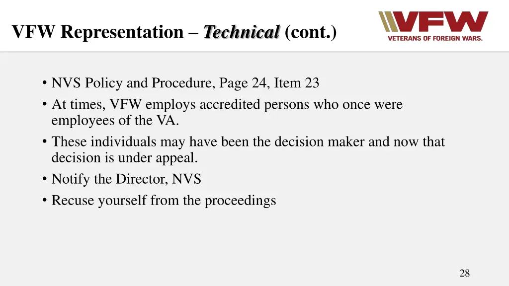 vfw representation technical cont