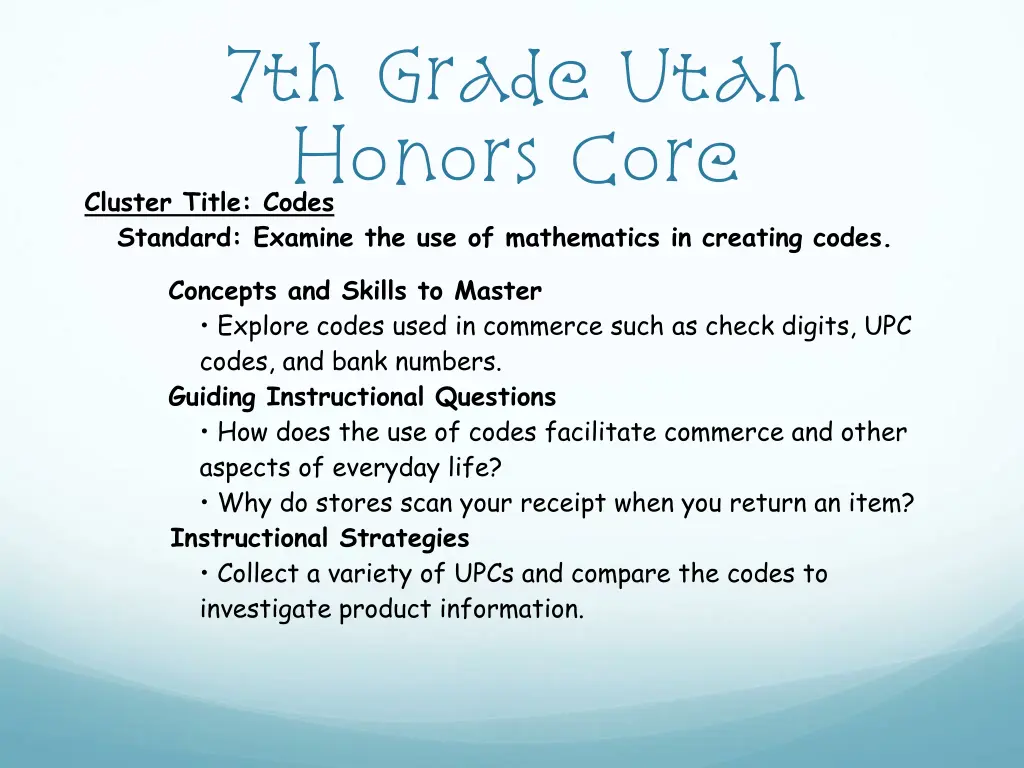 7th grade utah honors core cluster title codes