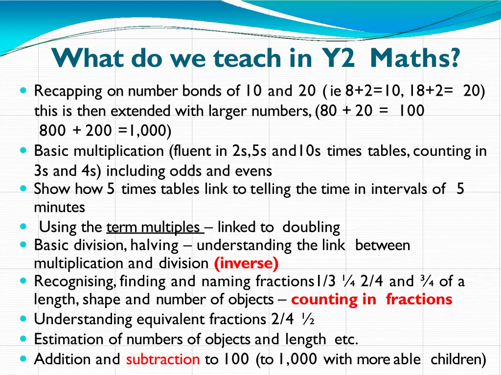 what do we teach in y2 maths recapping on number