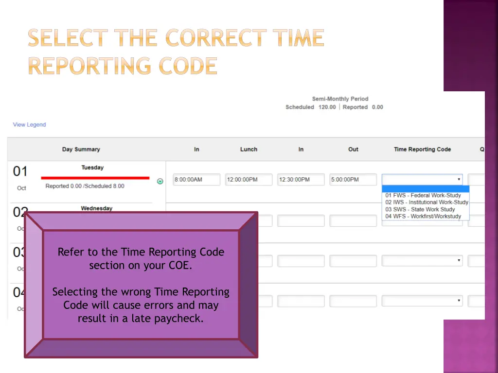 select the correct time reporting code