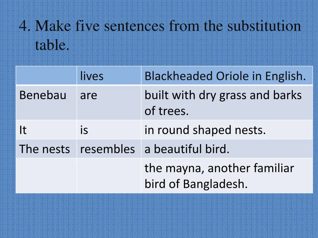 4 make five sentences from the substitution table