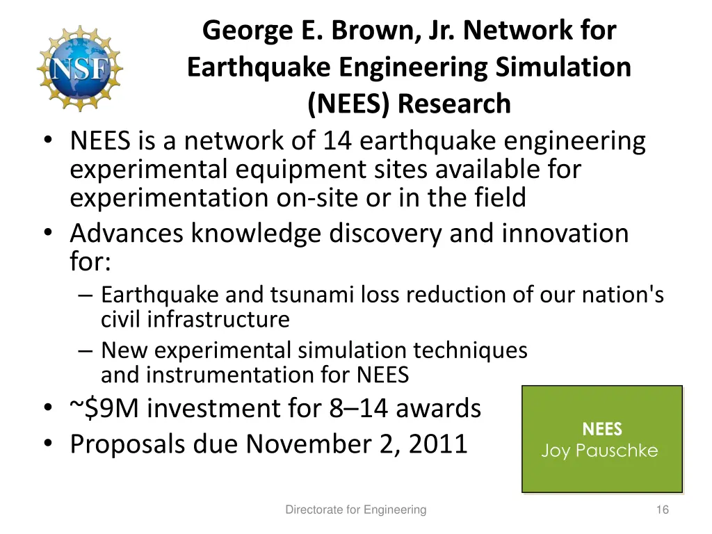 george e brown jr network for earthquake