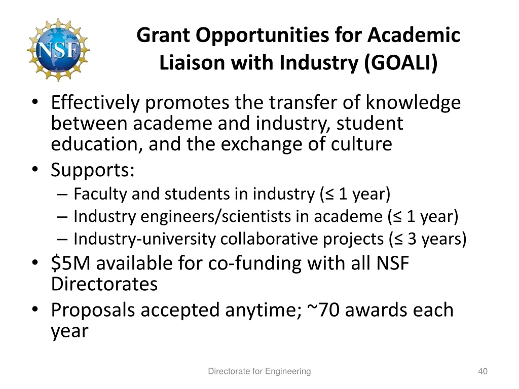 grant opportunities for academic liaison with