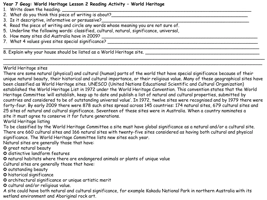 year 7 geog world heritage lesson 2 reading