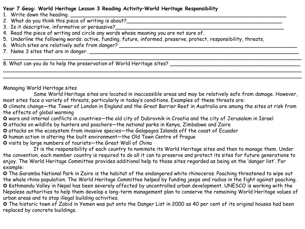 year 7 geog world heritage lesson 3 reading