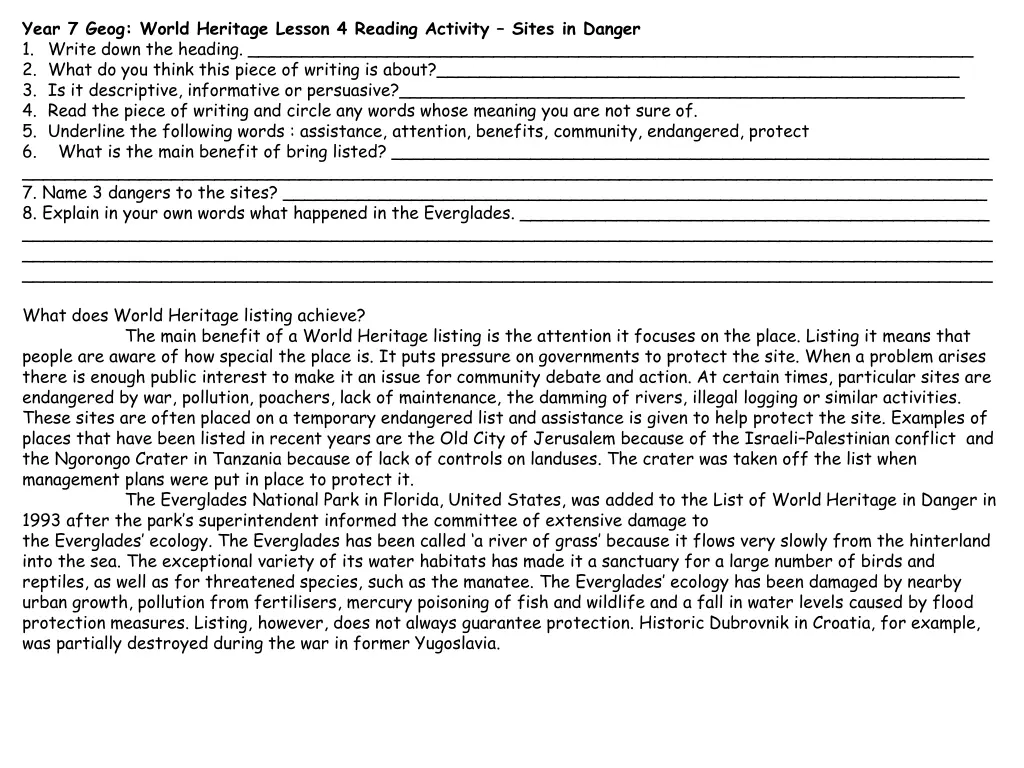 year 7 geog world heritage lesson 4 reading