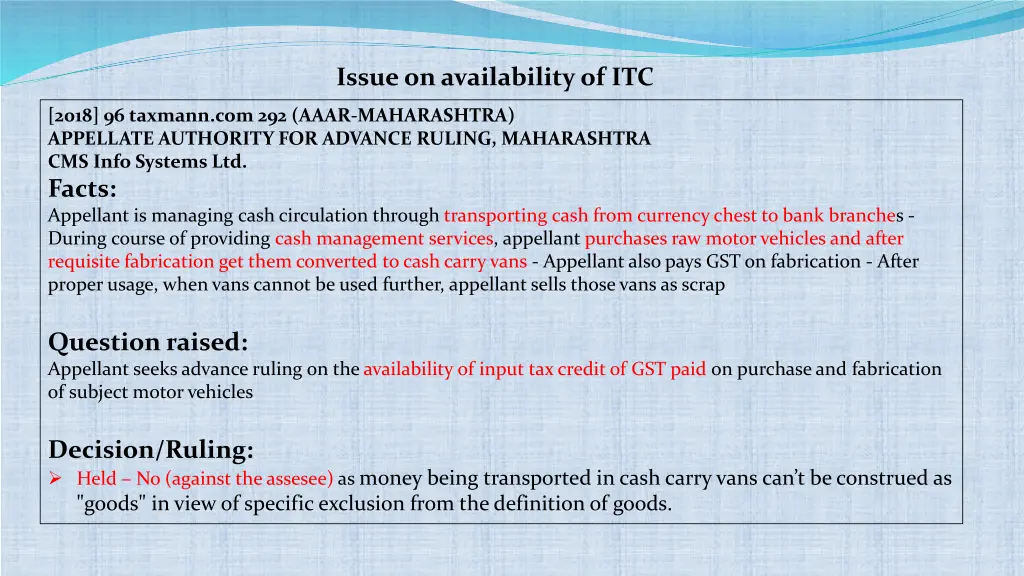 issue on availability of itc