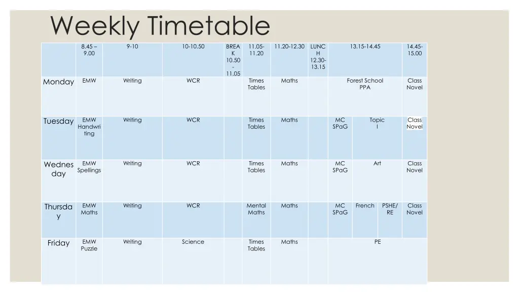 weekly timetable 8 45 9 00