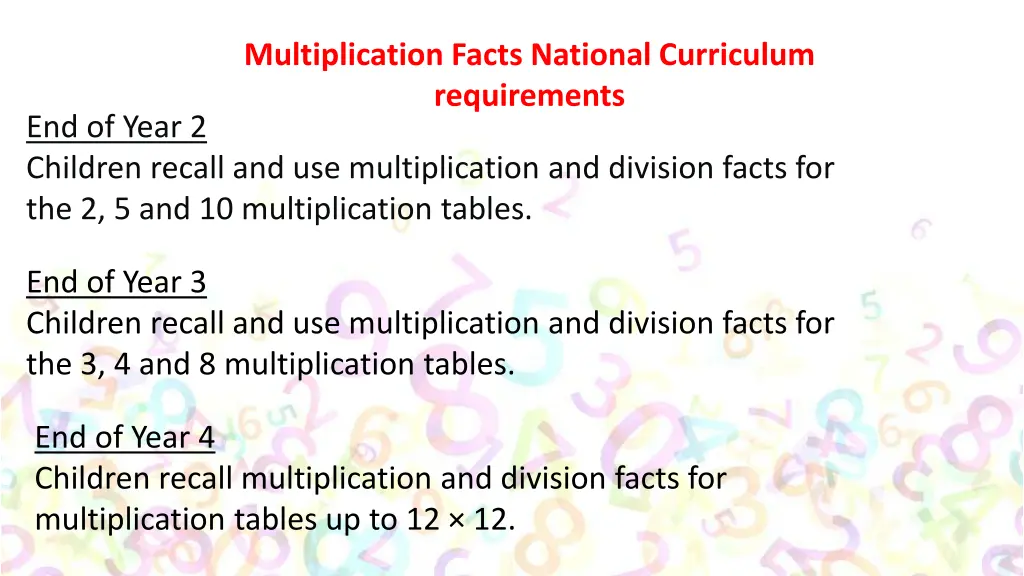 multiplication facts national curriculum