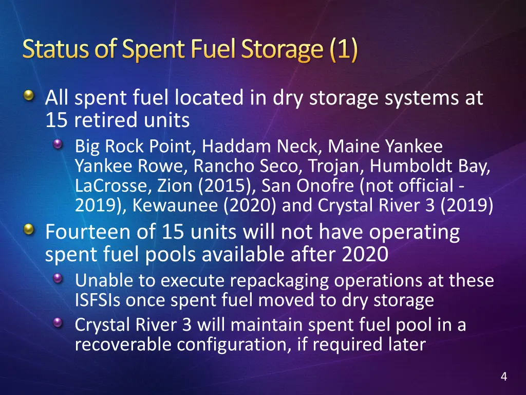 status of spent fuel storage 1