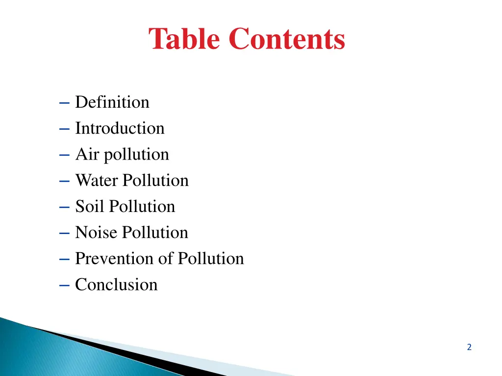 table contents