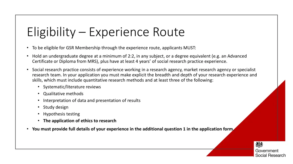 eligibility experience route