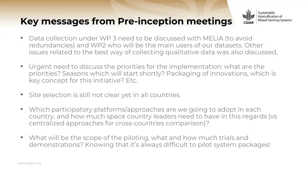 key messages from pre inception meetings