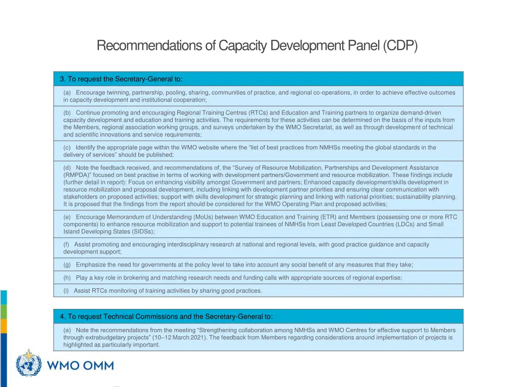 recommendations of capacity development panel cdp 1