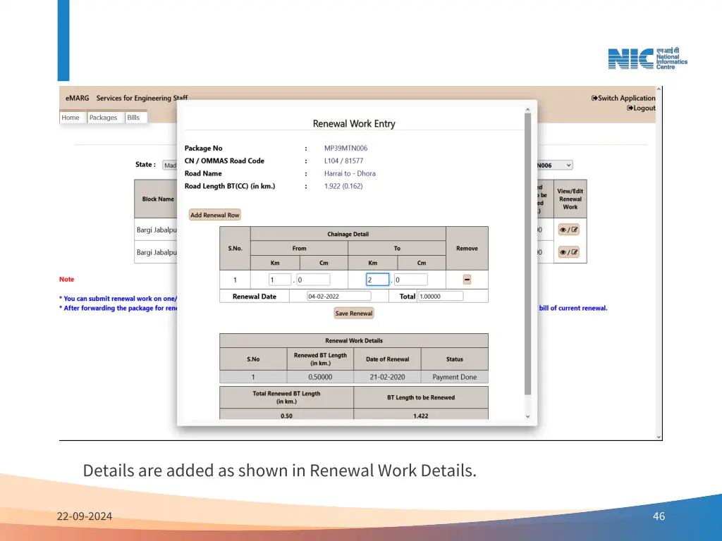 details are added as shown in renewal work details