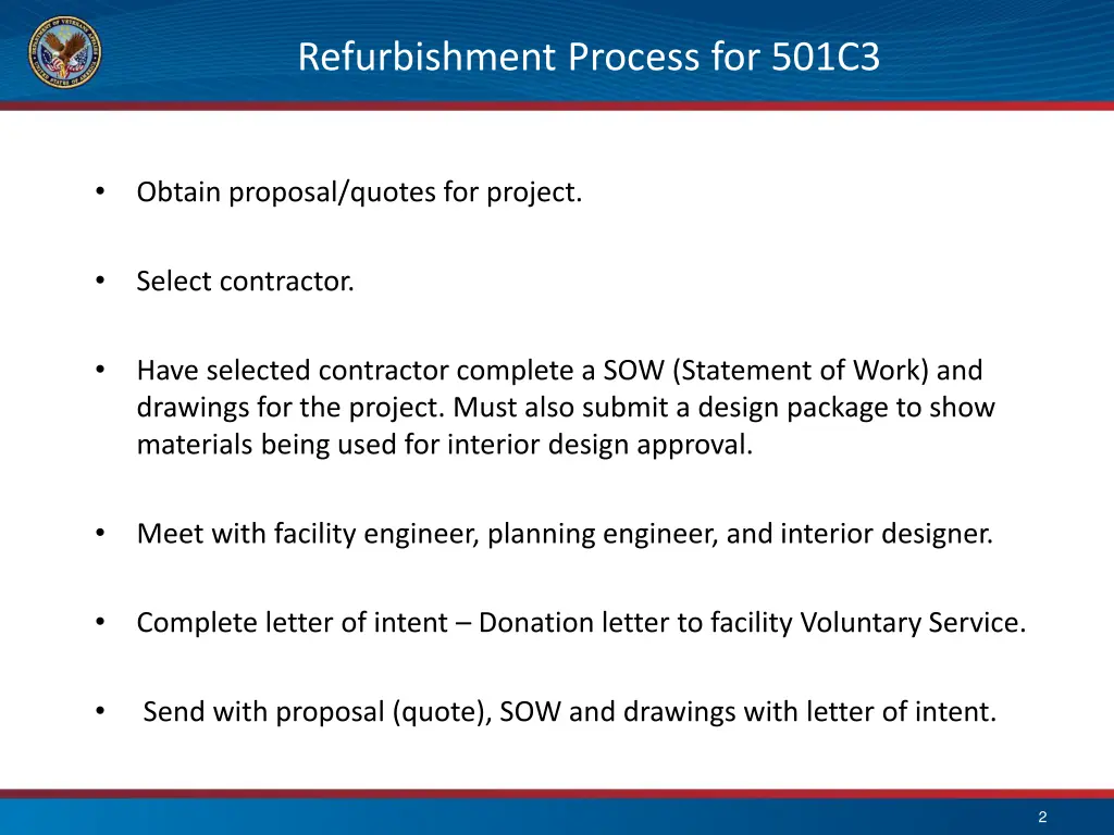 refurbishment process for 501c3