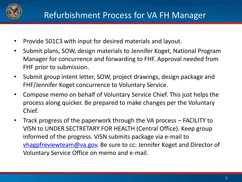 refurbishment process for va fh manager