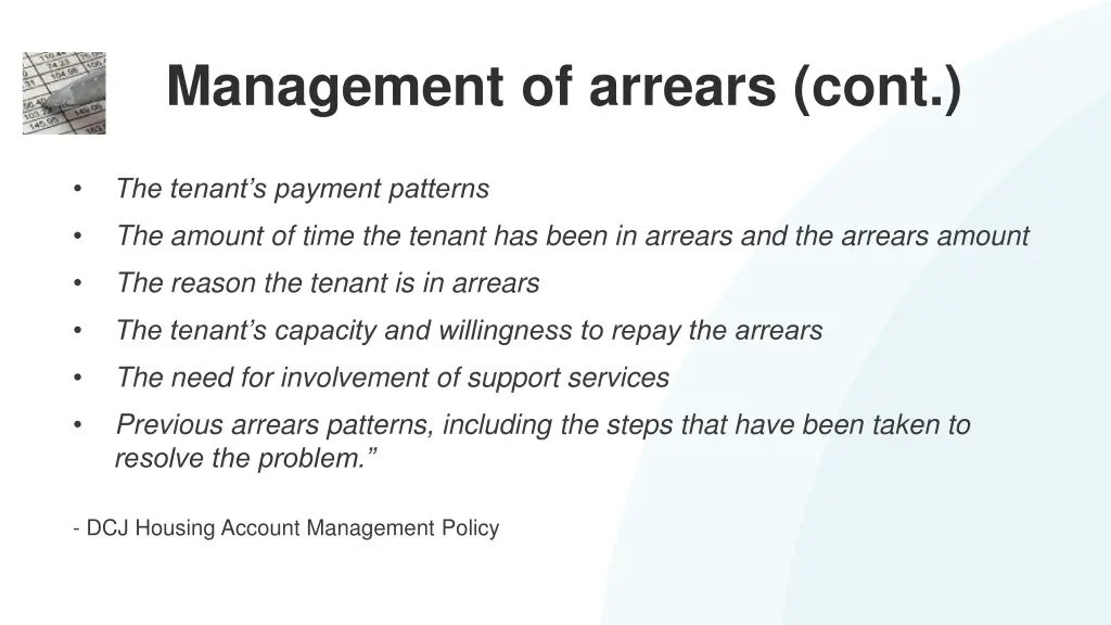 management of arrears cont
