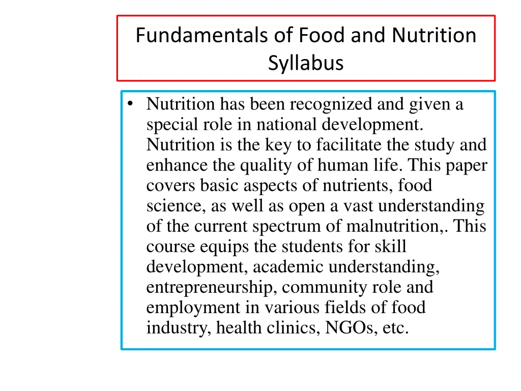 fundamentals of food and nutrition syllabus