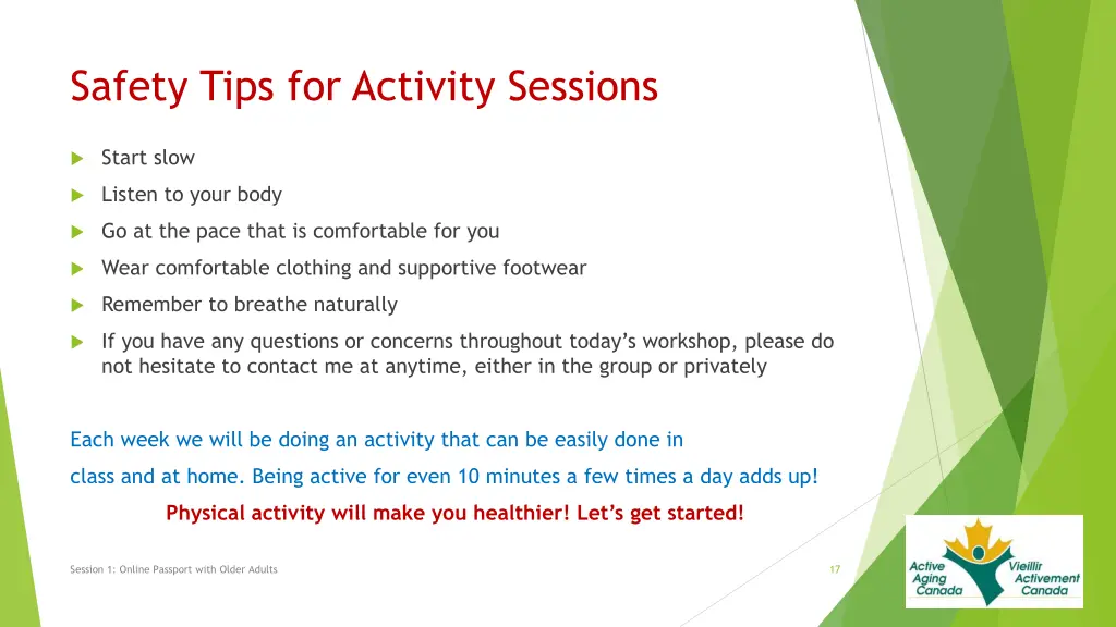 safety tips for activity sessions