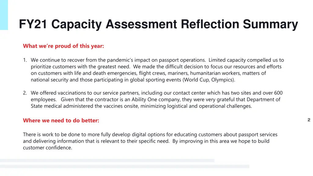 fy21 capacity assessment reflection summary