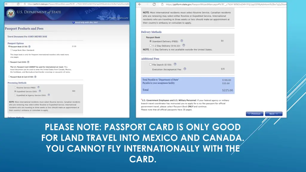 please note passport card is only good for land