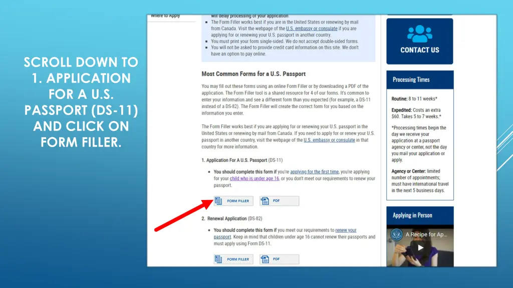 scroll down to 1 application for a u s passport