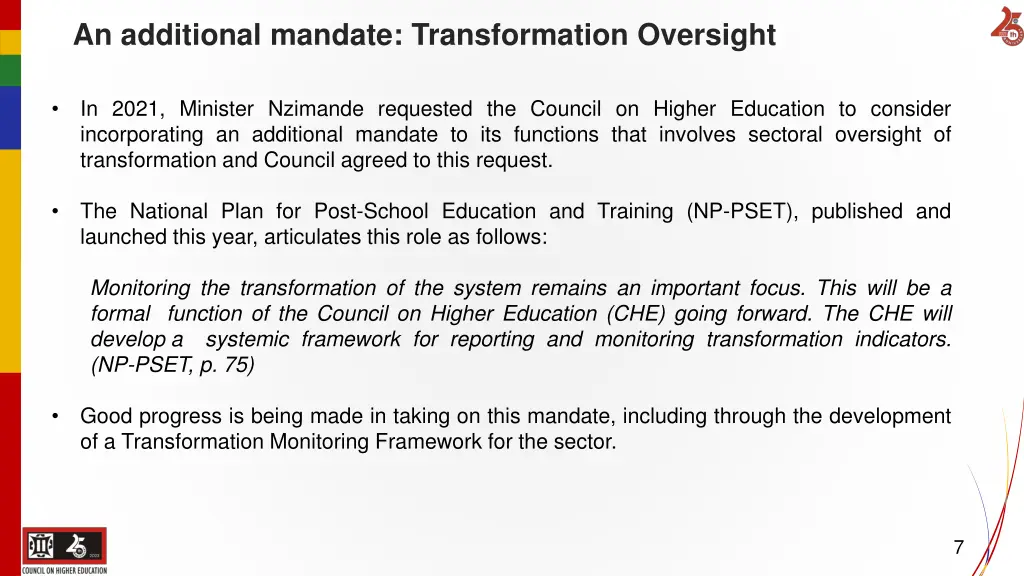 an additional mandate transformation oversight