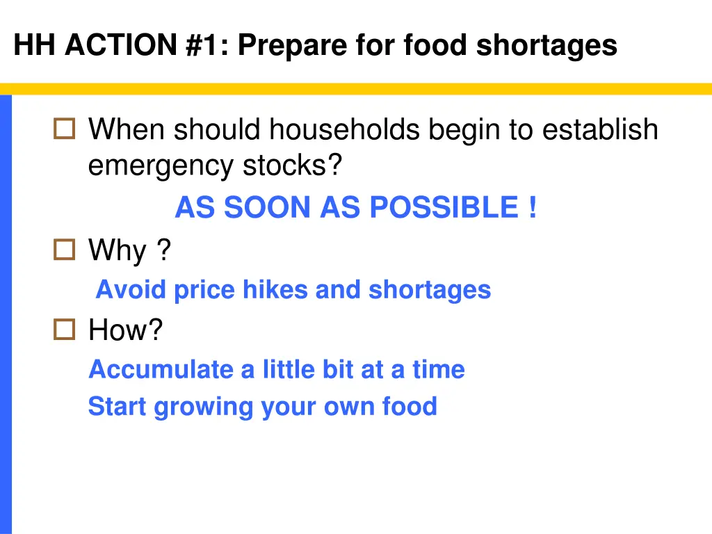 hh action 1 prepare for food shortages