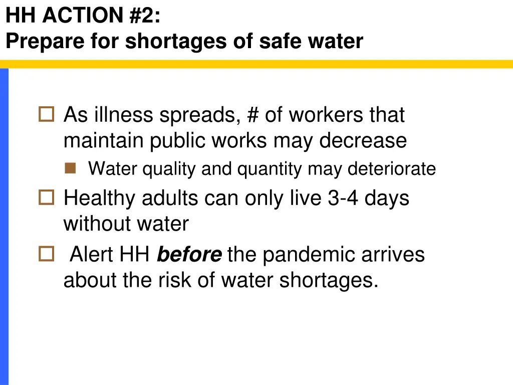 hh action 2 prepare for shortages of safe water