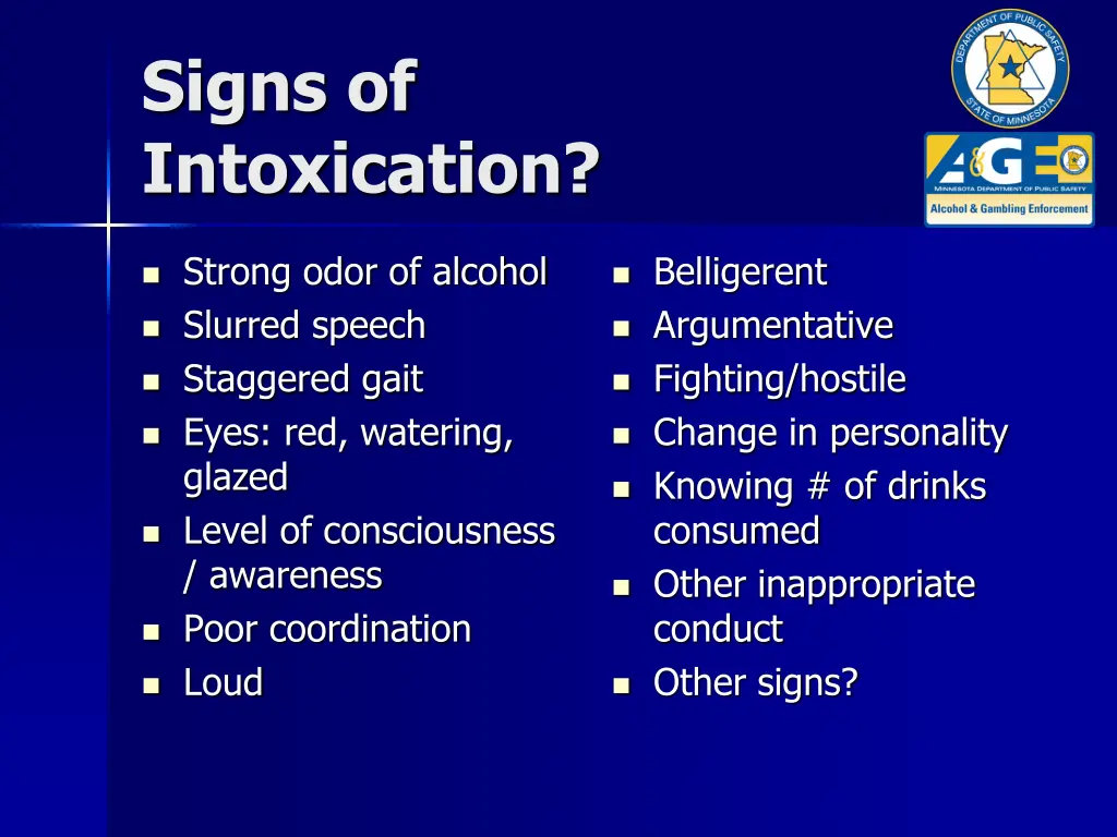 signs of intoxication