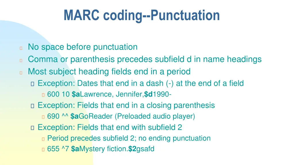 marc coding punctuation