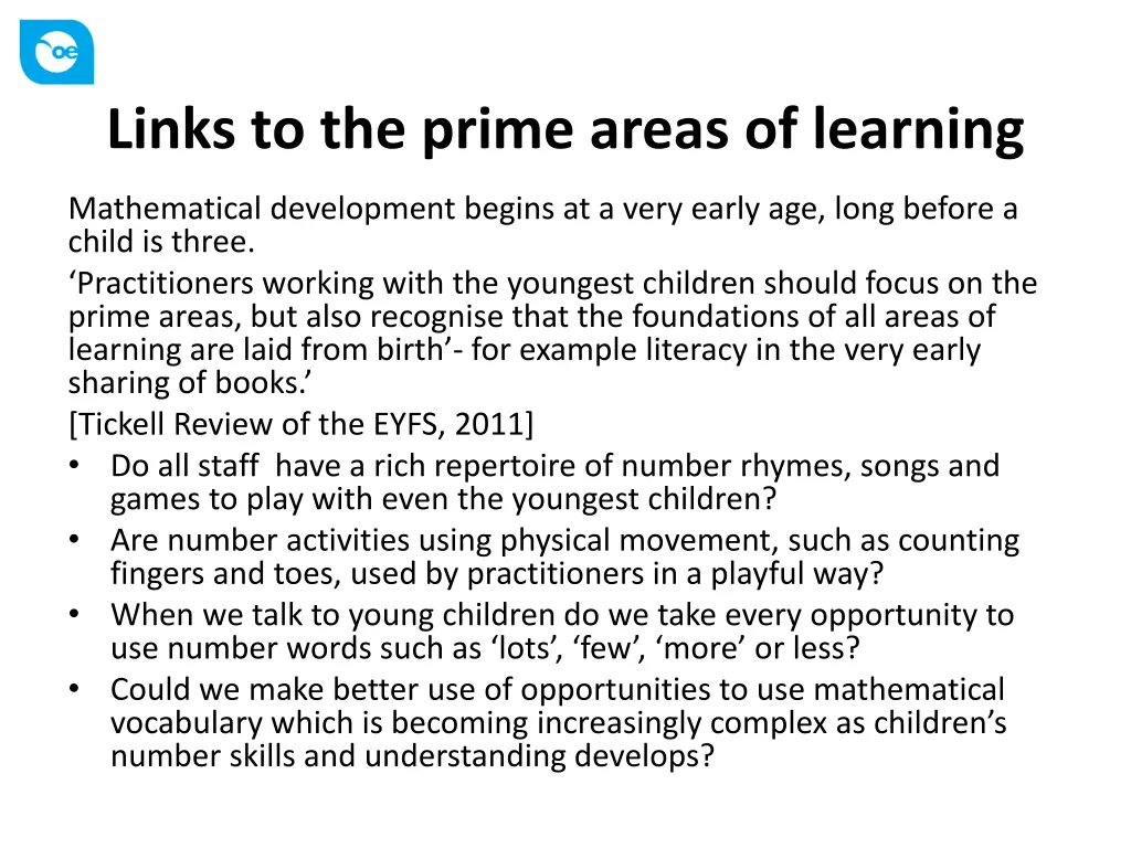 links to the prime areas of learning