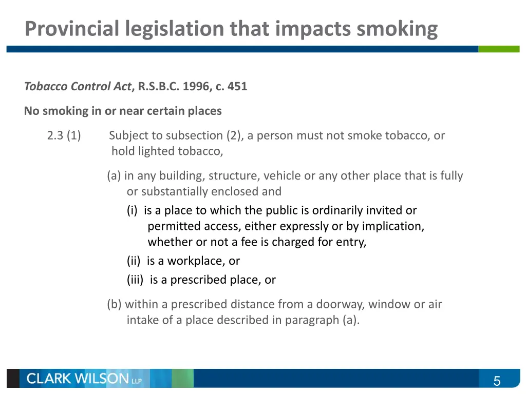 provincial legislation that impacts smoking