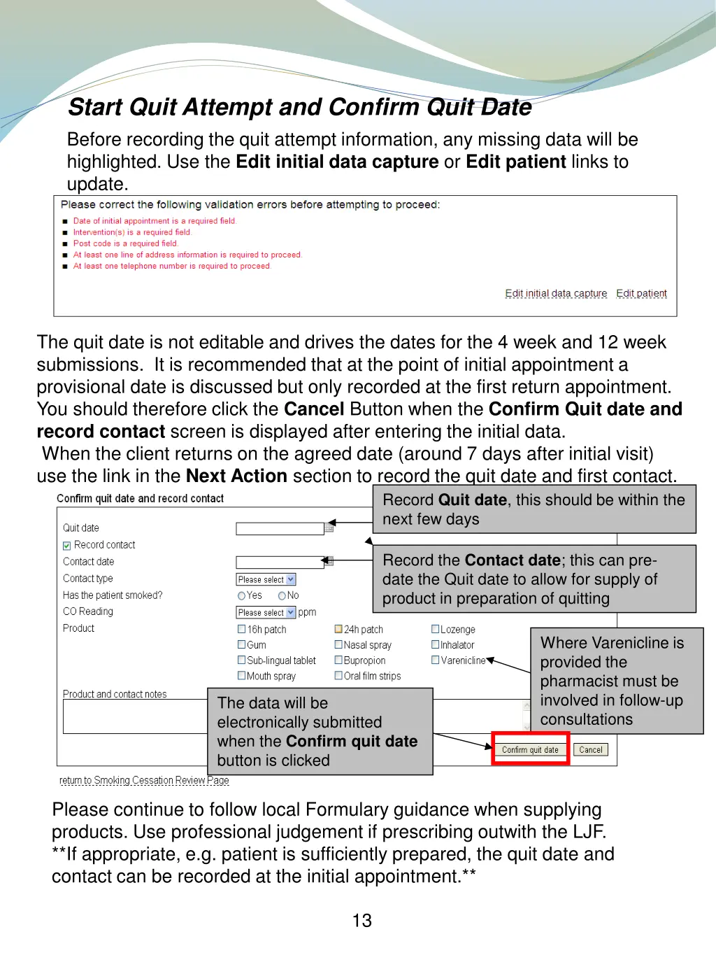 start quit attempt and confirm quit date before