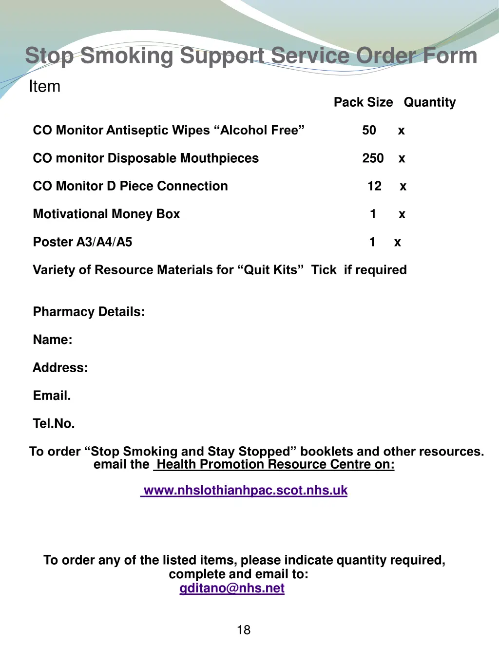 stop smoking support service order form