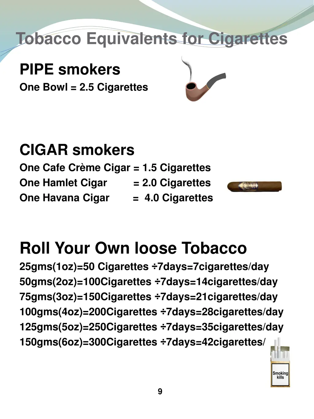 tobacco equivalents for cigarettes