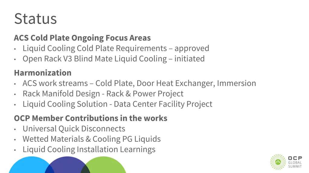 status acs cold plate ongoing focus areas liquid