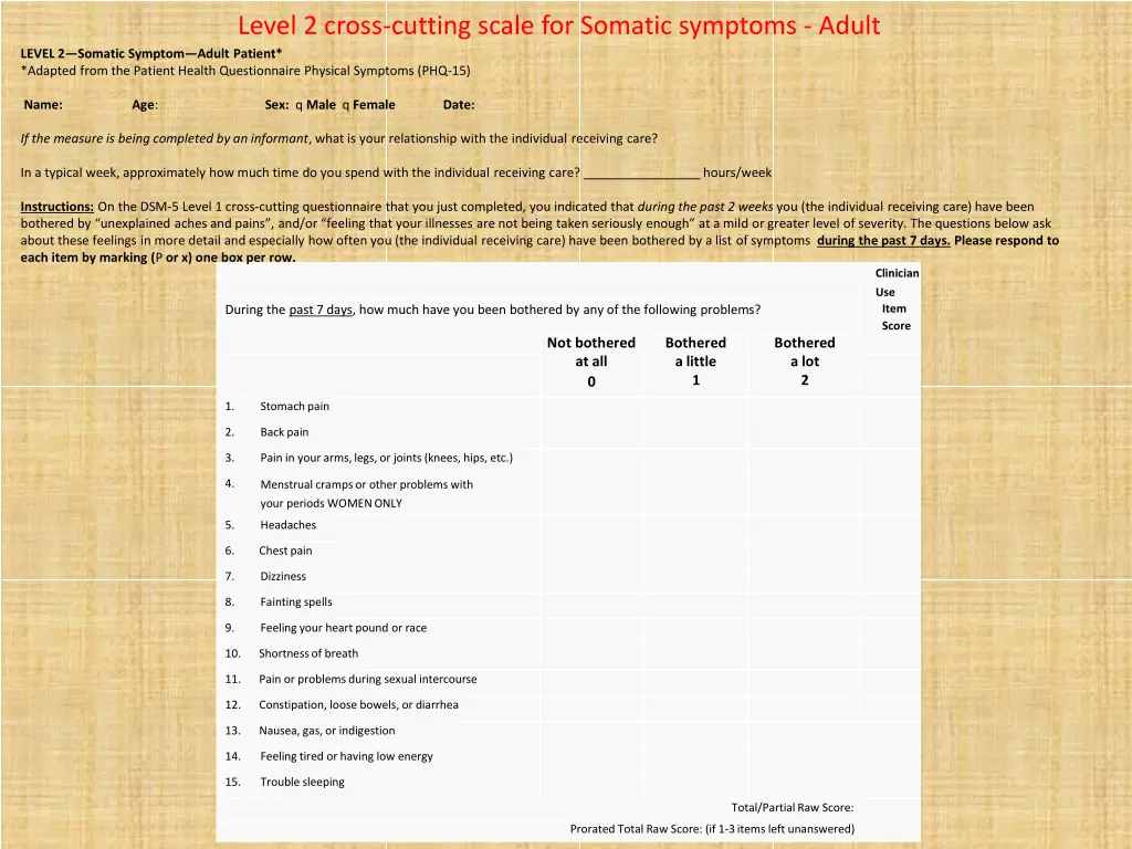 level 2 cross cutting scale for somatic symptoms