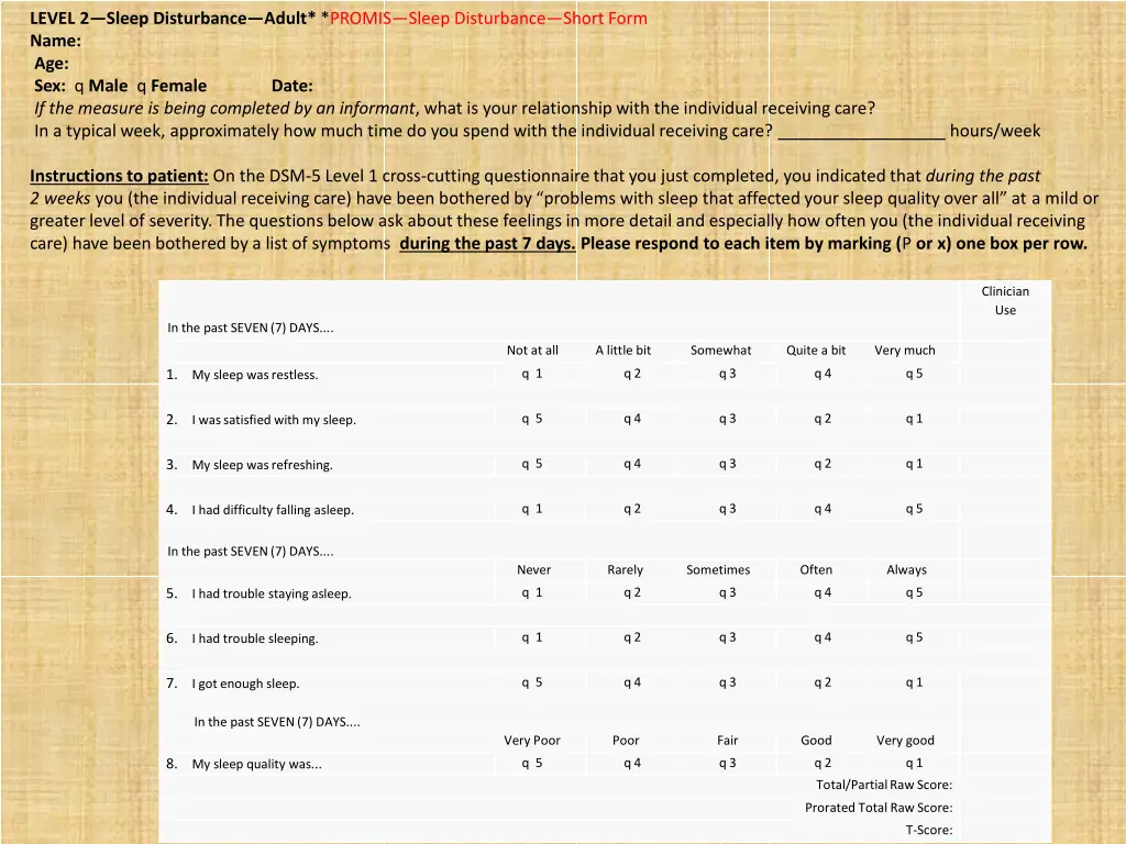 level 2 sleep disturbance adult promis sleep