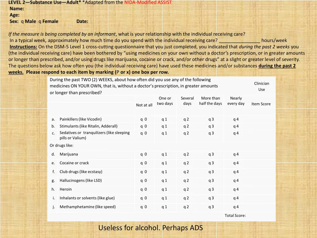 level 2 substance use adult adapted from the nida