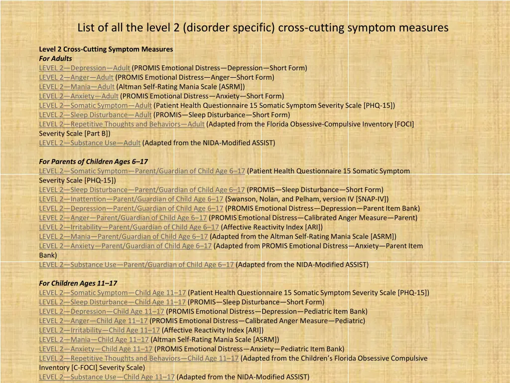 list of all the level 2 disorder specific cross