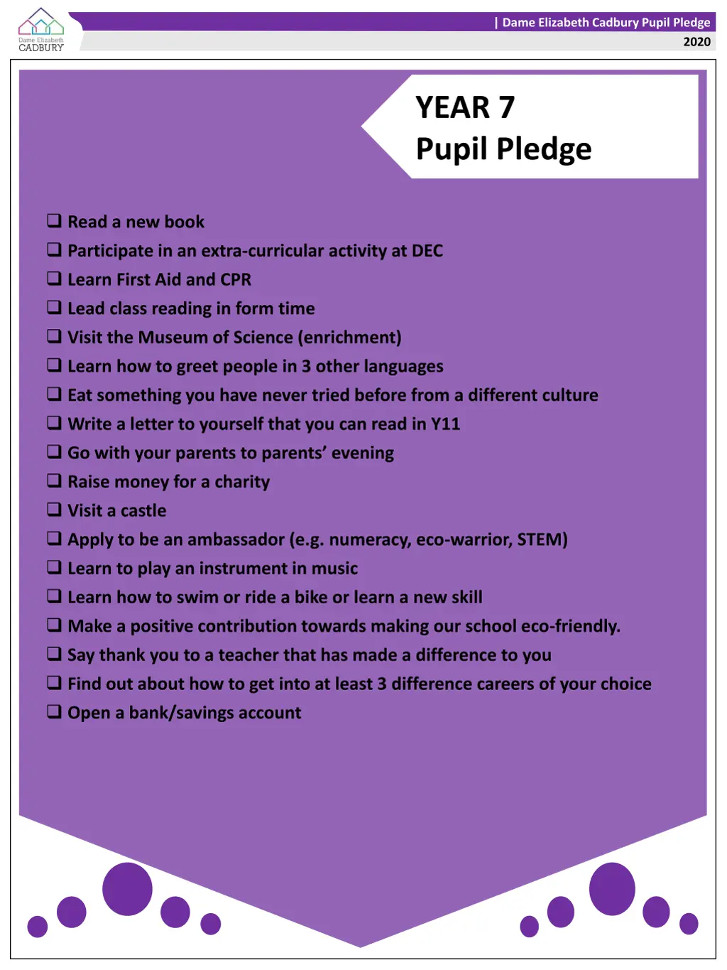 dame elizabeth cadbury pupil pledge 1