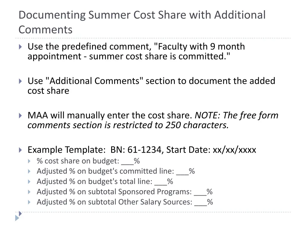 documenting summer cost share with additional