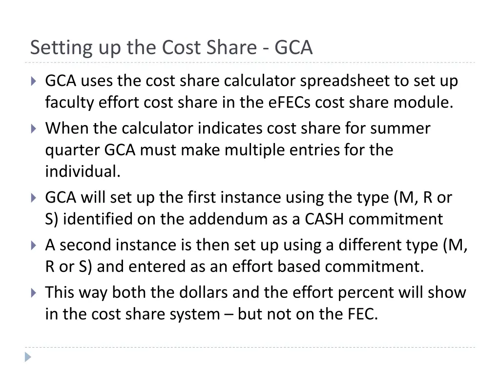 setting up the cost share gca