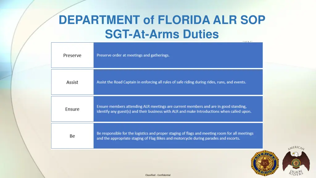 department of florida alr sop sgt at arms duties