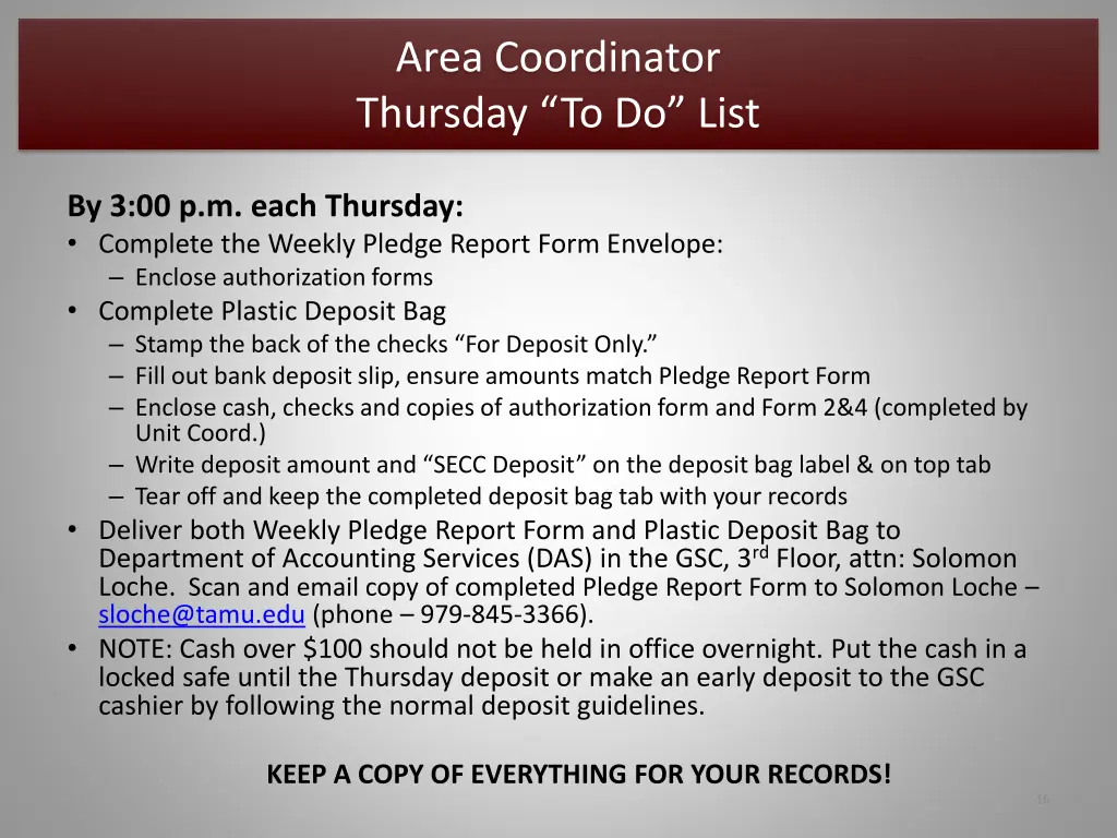 area coordinator thursday to do list