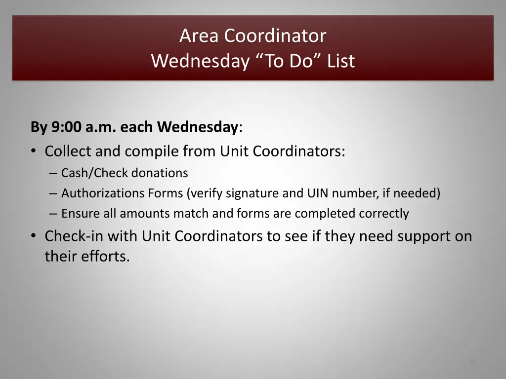 area coordinator wednesday to do list