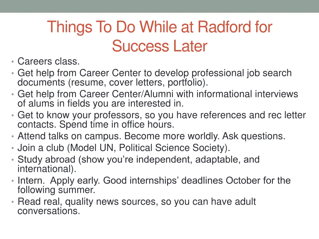 things to do while at radford for success later